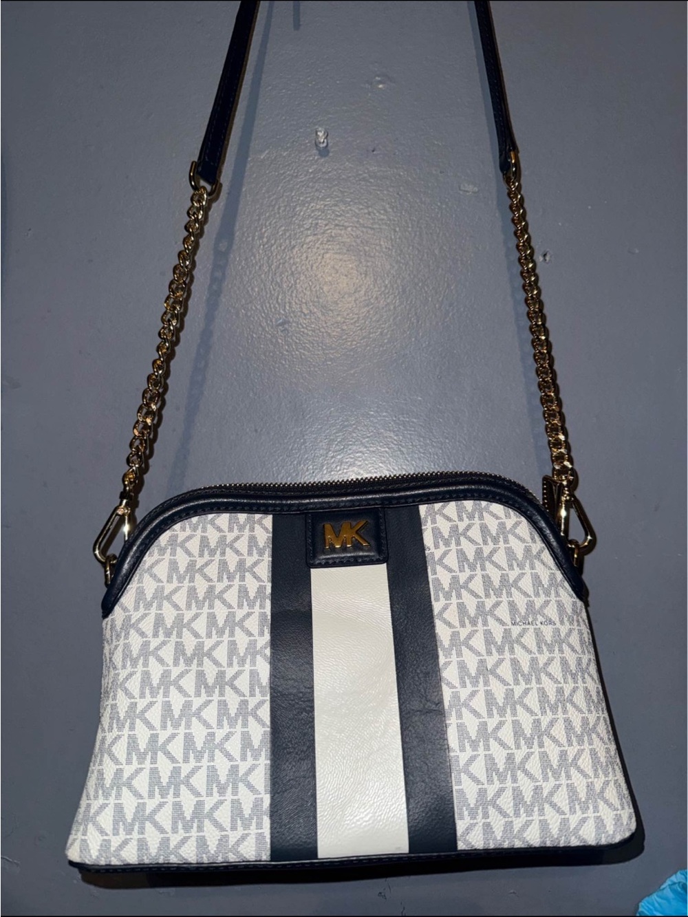 Michael Kors White, Navy & Gold MK Signature Crossbody